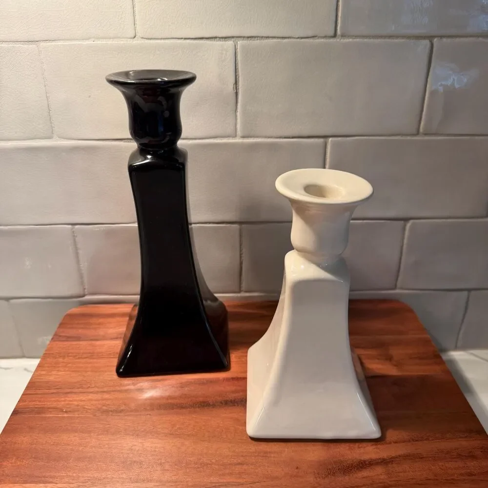 Vintage Royal Haeger Candlestick Holders Set Black and Cream Ceramic